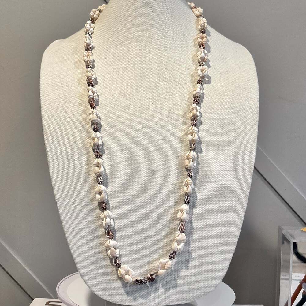 Vintage Boho Long Real Seashell Lei Necklace White Brown Cone Shells